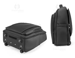 Mochila trolley de couro preto com alça de metal e zíper. Ideal para viagens de negócios e armazenamento de equipamentos