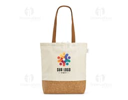 Sacola de compras feita de 70% algodão reciclado, com textura marrom de juta, vazia e sem ninguém perto. Na sacola há pão