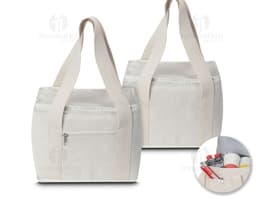 Bolsa térmica em algodão marrom com alça de couro e fecho de zíper. Produto vazio e moderno, perfeito para transporte de