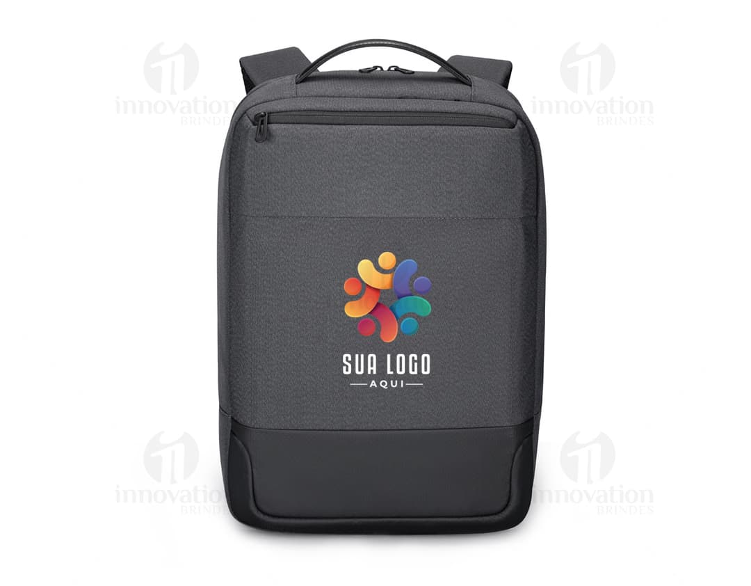Mochila para Notebook Premium preta em couro, com compartimentos para eletrônicos, modem, mouse, câmera, dispositivos e