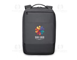 Mochila para Notebook Premium preta de couro, moderna e elegante, equipada com dispositivos eletrônicos e tecnologia, ideal