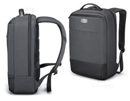 Mochila para notebook premium em preto, feita de couro e metal, possui compartimentos para equipamentos eletrônicos e