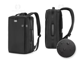 Mochila para Notebook Premium em couro preto, com compartimento para laptop e diversos equipamentos eletrônicos, como câmera