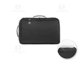 Mochila para Notebook Premium, em tons de preto e prata, feita de couro e metal. Possui compartimentos internos para