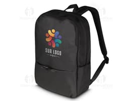 Mochila para notebook preta de couro, moderna e elegante, com zipper, alça e vários compartimentos para armazenamento de