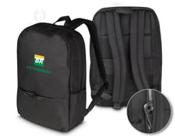 Mochila de couro preta para notebook e acessórios de viagem, com alça e zipper. Estilo moderno e elegante, ideal para viagens