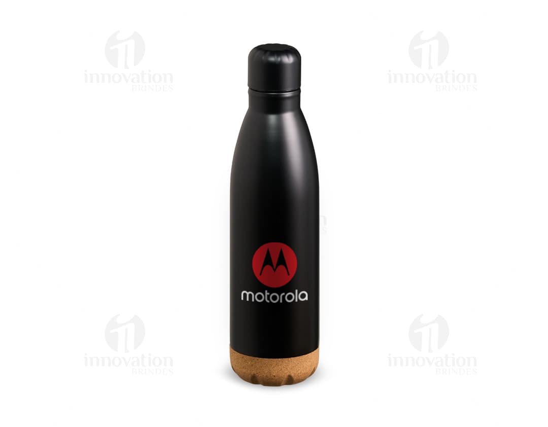 Garrafa térmica de 500ml em aço inoxidável, com design elegante e corpo de cor escura. A garrafa possui tampa e bocal para