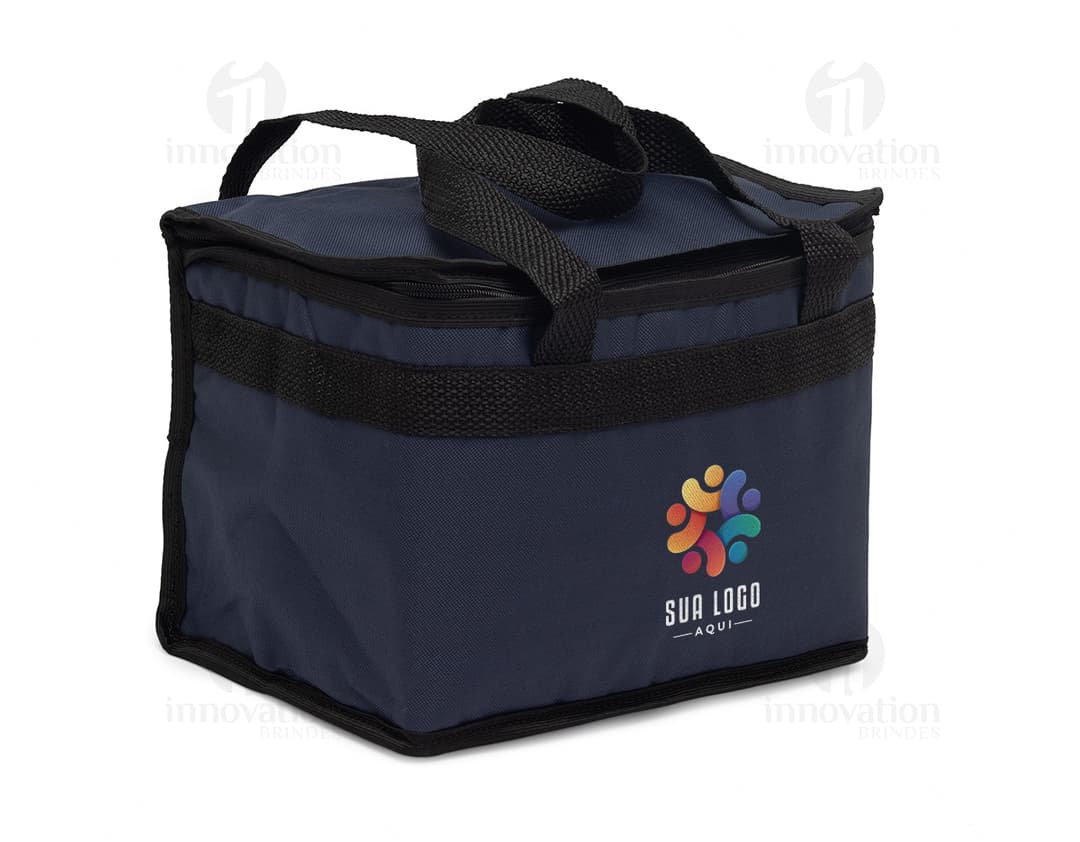 Bolsa térmica preta de couro com alça, ideal para armazenar alimentos e bebidas. Design moderno e elegante, perfeito para
