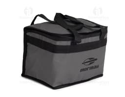 Bolsa térmica de 13 litros em couro preto com alça de transporte, ideal para armazenar alimentos e bebidas para viagens ou