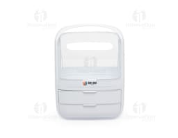 Caixa organizadora de cosméticos em formato de botão quadrado, com chave e sombra. Feito de plástico transparente e moderno