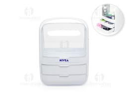 Caixa organizadora de cosméticos em formato de botão quadrado, com chave e sombra. Feito de plástico transparente e moderno