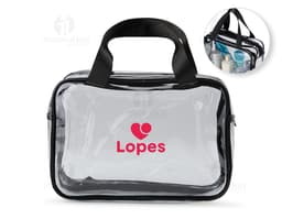 Nécessaire PVC em tom azul marinho com fecho em zíper e etiqueta de marca transparente.
