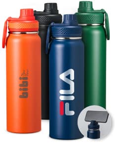 Garrafa Térmica 850ml em aço inoxidável com tampa de rosca e alça para transporte. Cor predominante: prata.