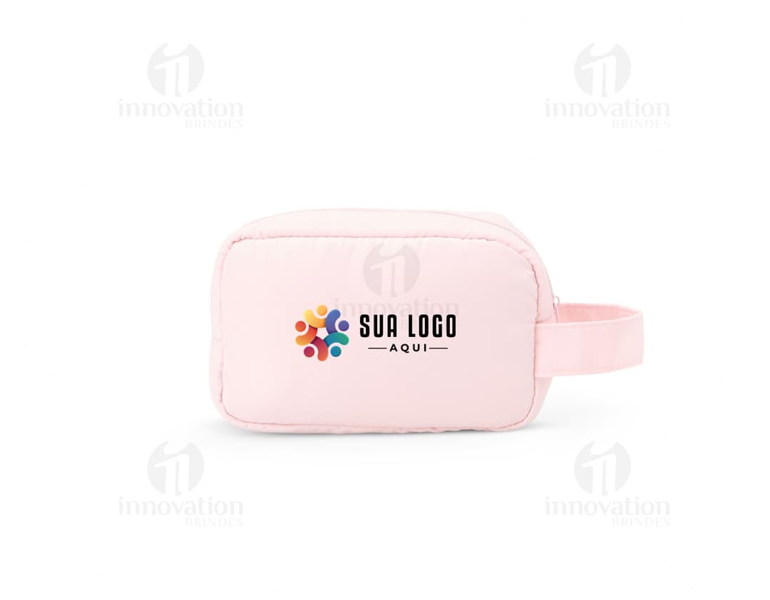 necessaire de poliéster rosa vazia com design moderno, símbolo de economia e finanças, objetos domésticos em destaque.