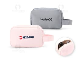 necessaire de poliéster rosa vazia com design moderno, símbolo de economia e finanças, objetos domésticos em destaque.