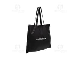 Sacola de Poliéster preta com detalhes cromados, fecho de zíper, alça de transporte e bolsos frontais. Ideal para compras