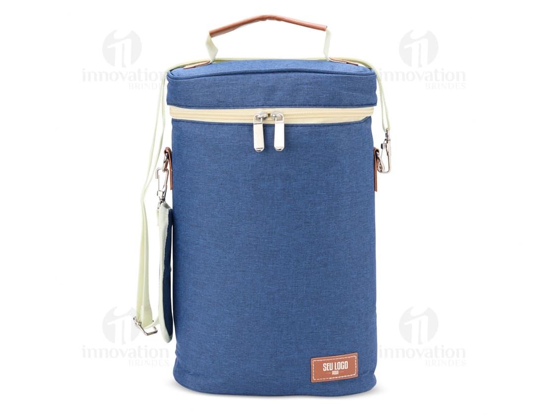 Porta-Garrafas Térmico Duplo em aço inoxidável com design elegante e alça para facilitar o transporte. Ideal para manter a