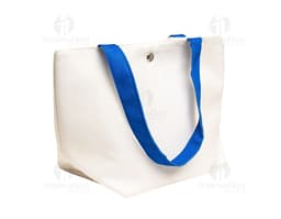 Bolsa de lona na cor azul-marinho com alças de couro marrom e fecho de zíper na parte superior.