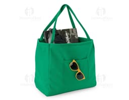 Bolsa de Lona quadriculada nas cores verde e branca, com alça de ombro e fecho de zíper na parte superior.