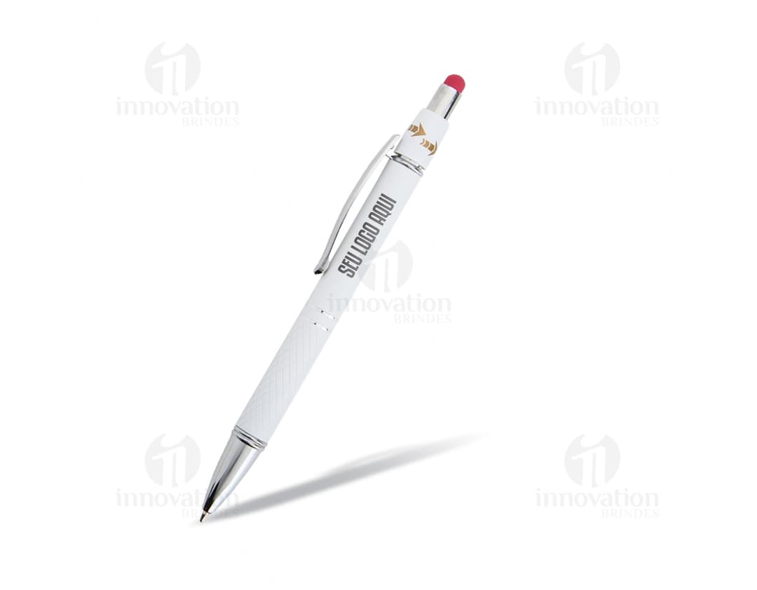Caneta metal touch antiestresse, na cor prata, com ponta touch screen e design elegante.