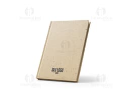 Produto: Caderno A5 com resíduos da cevada. Imagem do caderno de tamanho A5 com capa feita de resíduos da cevada.