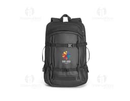 Mochila preta para notebook, com alças ajustáveis e bolso frontal com zíper.
