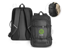 Mochila preta para notebook, com alças ajustáveis e bolso frontal com zíper.