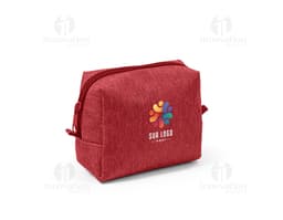 Bolsa para cosméticos preta com zíper e alça curta, contendo pincéis de maquiagem e batons organizados em seu interior.
