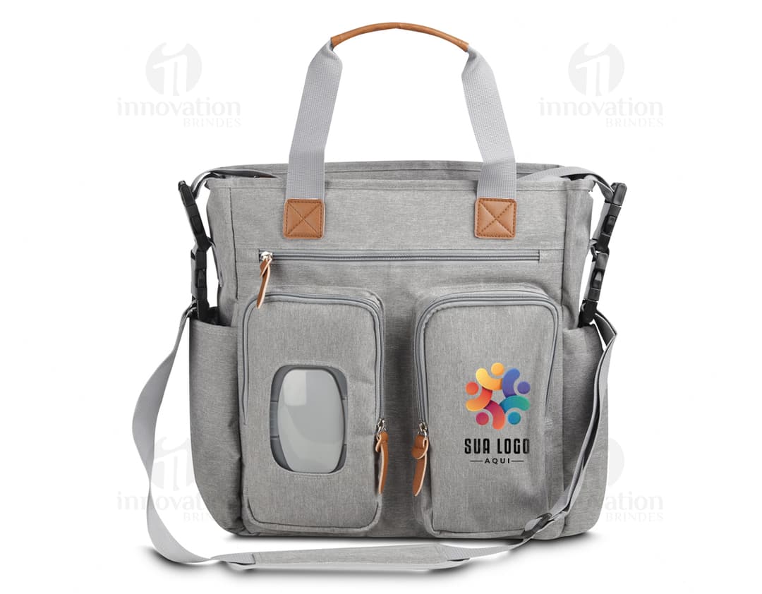 Bolsa multifuncional preta de couro, estilo moderno e elegante, com alça de mão e alça de ombro ajustável. Possui zíper
