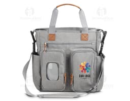 Bolsa multifuncional preta de couro, estilo moderno e elegante, com alça de mão e alça de ombro ajustável. Possui zíper