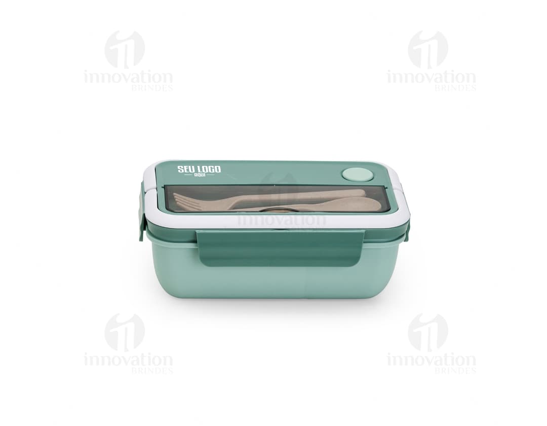 Marmita Hermética de 1 litro, feita de plástico transparente, com tampa hermética e vedação resistente.