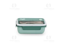 Marmita Hermética de 1 litro, feita de plástico transparente, com tampa hermética e vedação resistente.