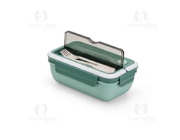 Marmita Hermética de 1 litro, feita de plástico transparente, com tampa hermética e vedação resistente.