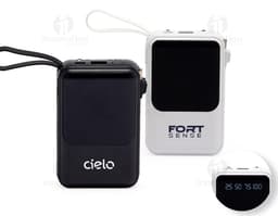Power Bank preto com capacidade de 10.000 mAh, indicador de bateria em LED e duas portas USB para carregamento.