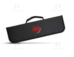 Kit churrasco contendo 4 peças de utensílios de aço inoxidável, incluindo espátula, garfo, faca e pegador. O conjunto vem em