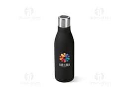 Garrafa em aço inox contendo bebida alcoólica, com tampa de cortiça. A garrafa está vazia e possui rótulo em branco. Está em