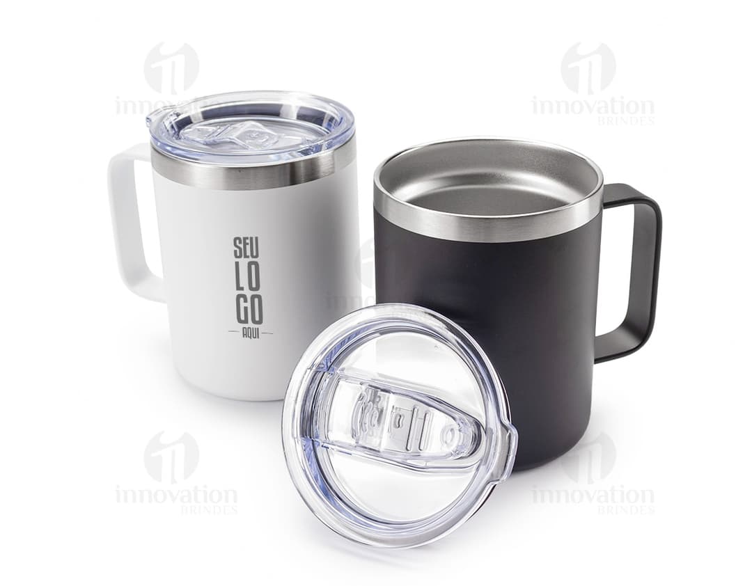 Caneca Térmica de 350ml, ideal para manter a temperatura da bebida por mais tempo. A caneca é de cor branca e possui tampa