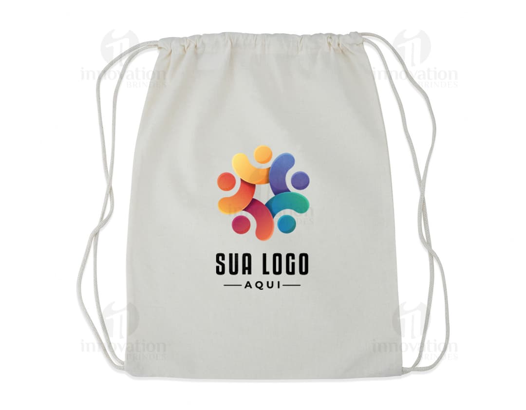 Mochila Saco em Algodão com design moderno e textura de tecido. Ideal para compras, presentes ou para transportar objetos. A