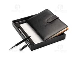 Kit Executivo 2 Peças: inclui uma pasta de couro marrom e uma caneta de luxo prateada.
