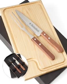 Kit churrasco 3 peças em aço inoxidável, incluindo garfo, espátula e faca de cozinha. Ideal para uso em churrasqueiras