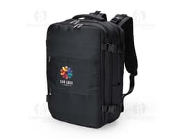 Mochila de viagem preta de 41 litros em couro sintético com zíper, alça de mão e alça de ombro ajustável. Ideal para