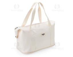 Bolsa esportiva feita de poliéster preto com alças, fecho de zíper e logo de marca branca na frente.