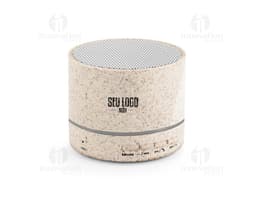 Caixa de som portátil com microfone preta e prateada, com design compacto e moderno.
