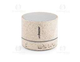 Caixa de som portátil com microfone preta e prateada, com design compacto e moderno.