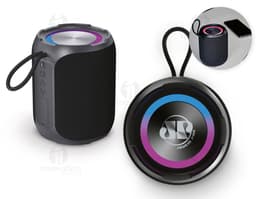Caixa de som à prova de água, ideal para uso em ambientes úmidos e na piscina. Cor preta, design compacto e resistente.