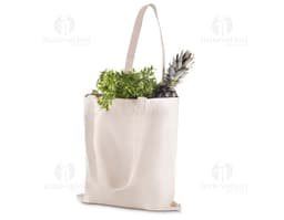 Sacola em algodão 220g/m² marrom com alça de couro, fecho em zíper e detalhes em metal preto. Ideal para compras no