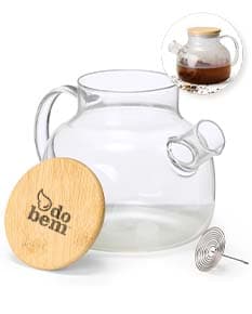 Chaleira de vidro com capacidade para 1 litro, ideal para preparar chá ou café. Fabricada com material transparente e