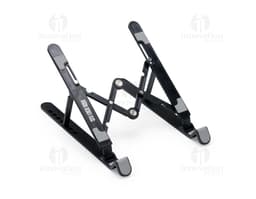 Suporte retrátil para notebook em metal prateado, design industrial e tecnológico. Inclui suporte, assento, Equipamento