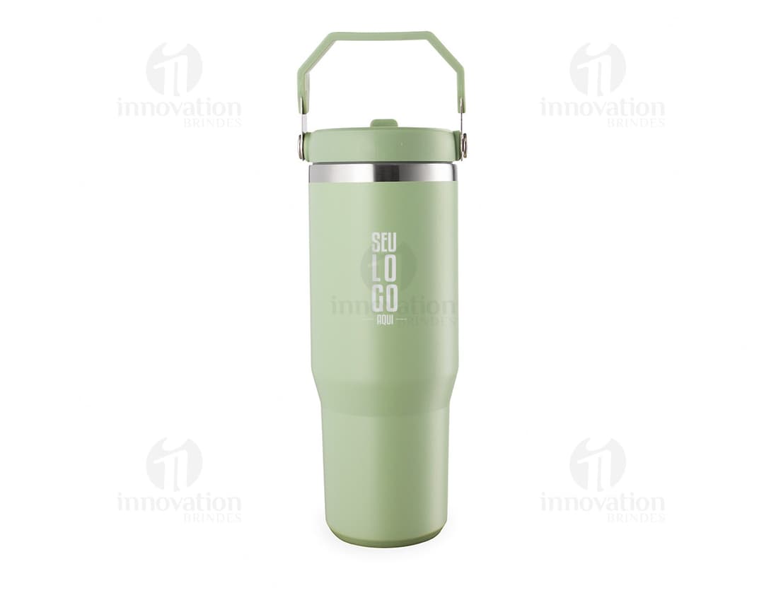Copo térmico de 800ml em aço inoxidável preto com tampa de rosca e alça.