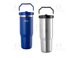 Copo térmico de 800ml em aço inoxidável preto com tampa de rosca e alça.